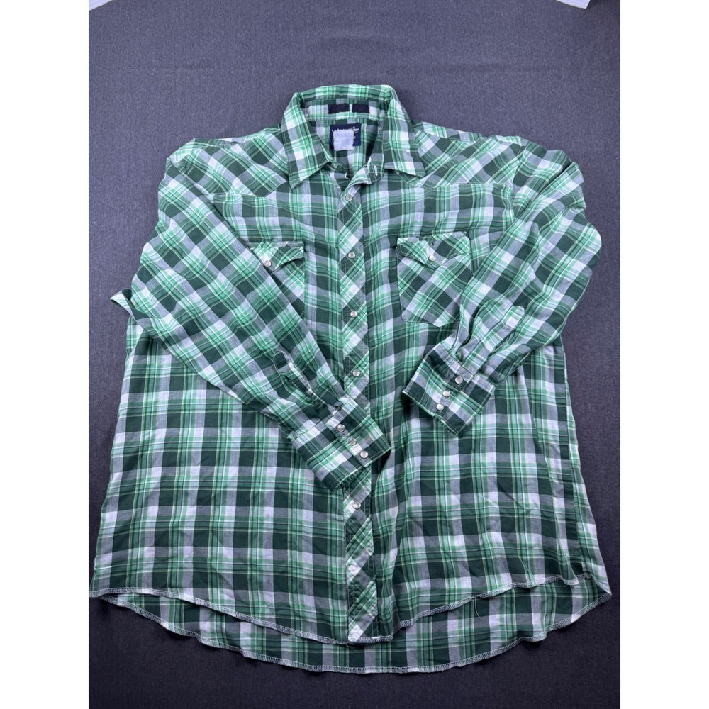 Wrangler Western Shirt Plaid Green White Pearl Snap Long Sleeve Mens‎